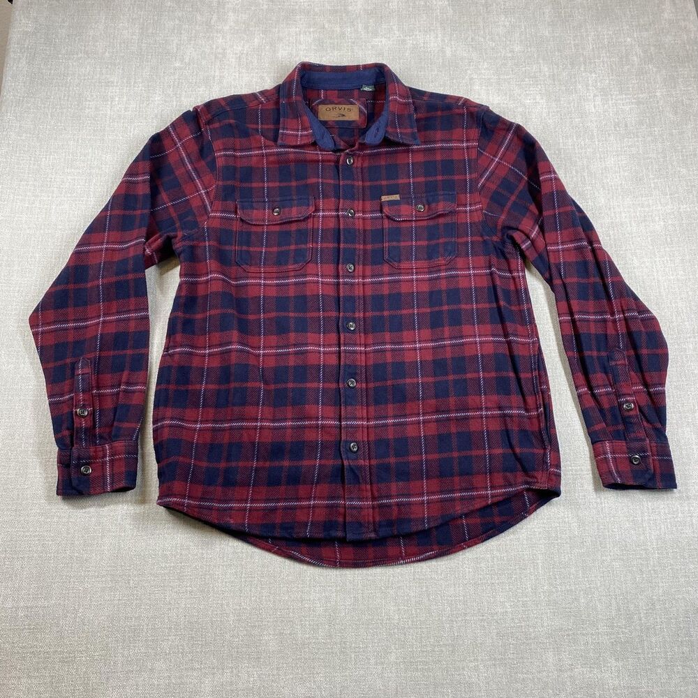 Orvis Shirt Mens Large Red Navy Plaid Flannel Button Front Long Sleeve Casual